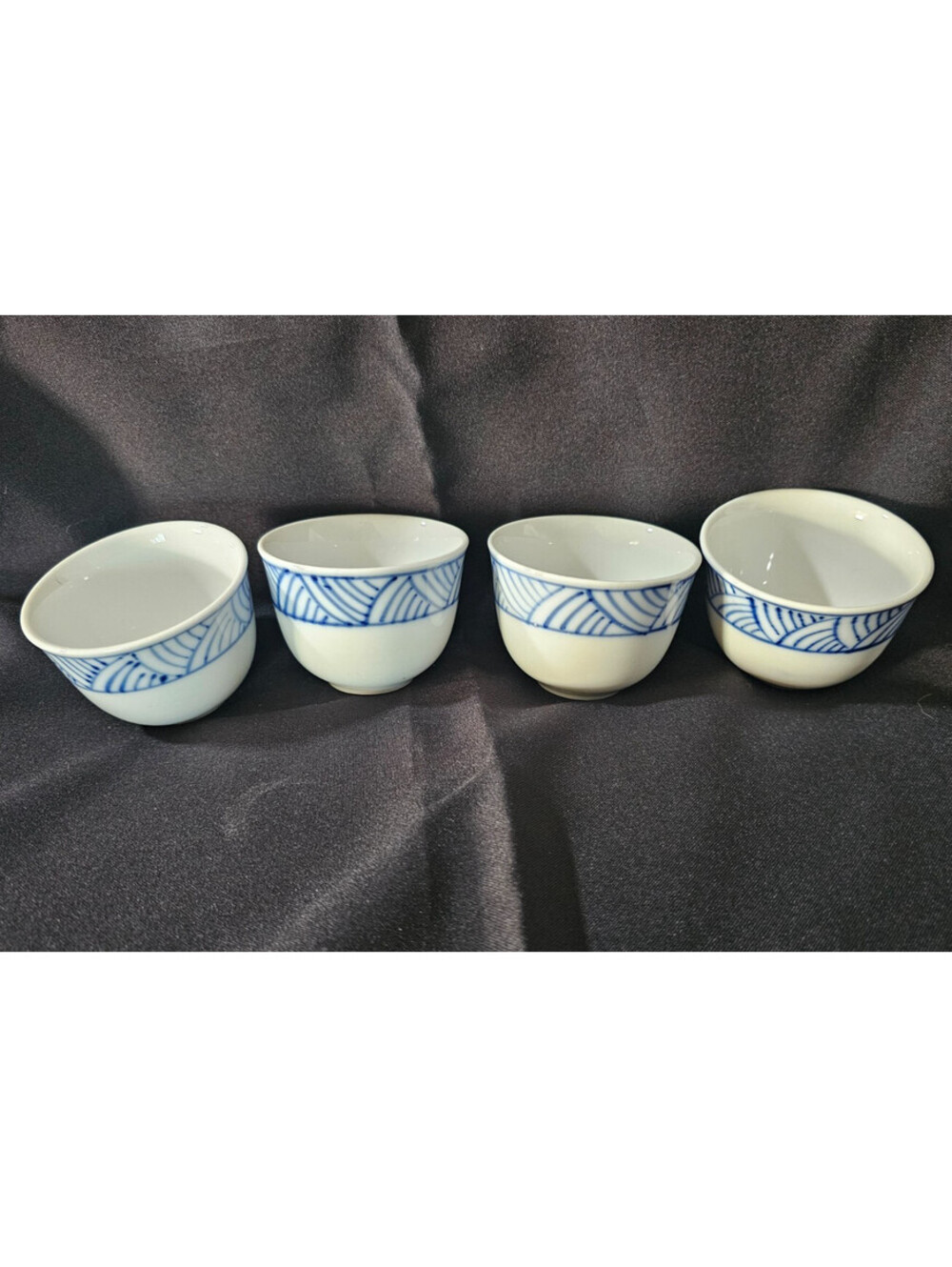 (4pc) Himark Mandarin Pier 1 Sake Teacup Cup White & Blue Curves Porcelain 2"